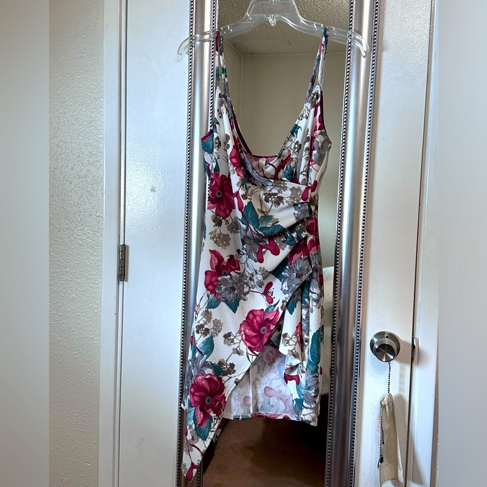 Blue Blush White and Floral Asymmetrical Dress with High Slit